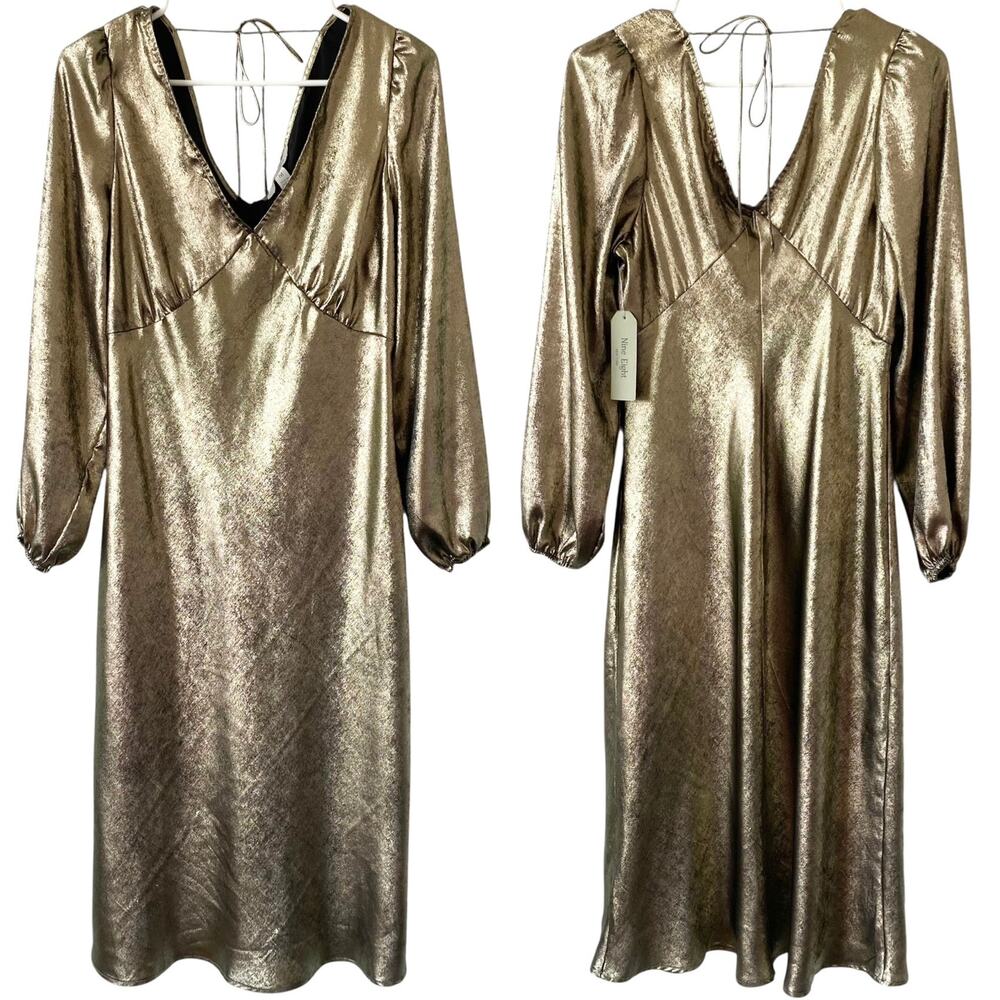 NEW NINE EIGHT Gold Shimmer Midi Dress Size Medium V Neck Balloon Long Sleeve